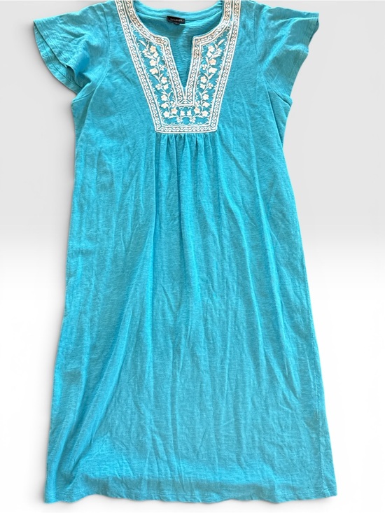 Talbots Dresses & Skirts - Talbots Turquoise Dress with White Embroidered V-Neck-100% cotton